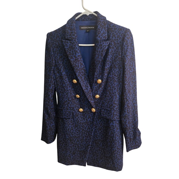 Boston Proper Double-Breasted Jacket Women's Size 4 Blue and Black Leopard Print - Picture 2 of 12